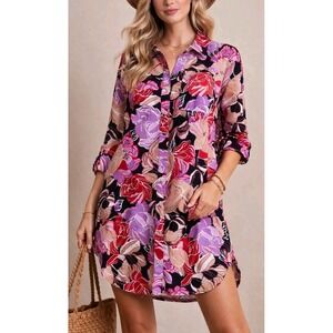 Entro Floral Shirt Dress L Button Front Tunic Dress Boho Long Sleeve Collared